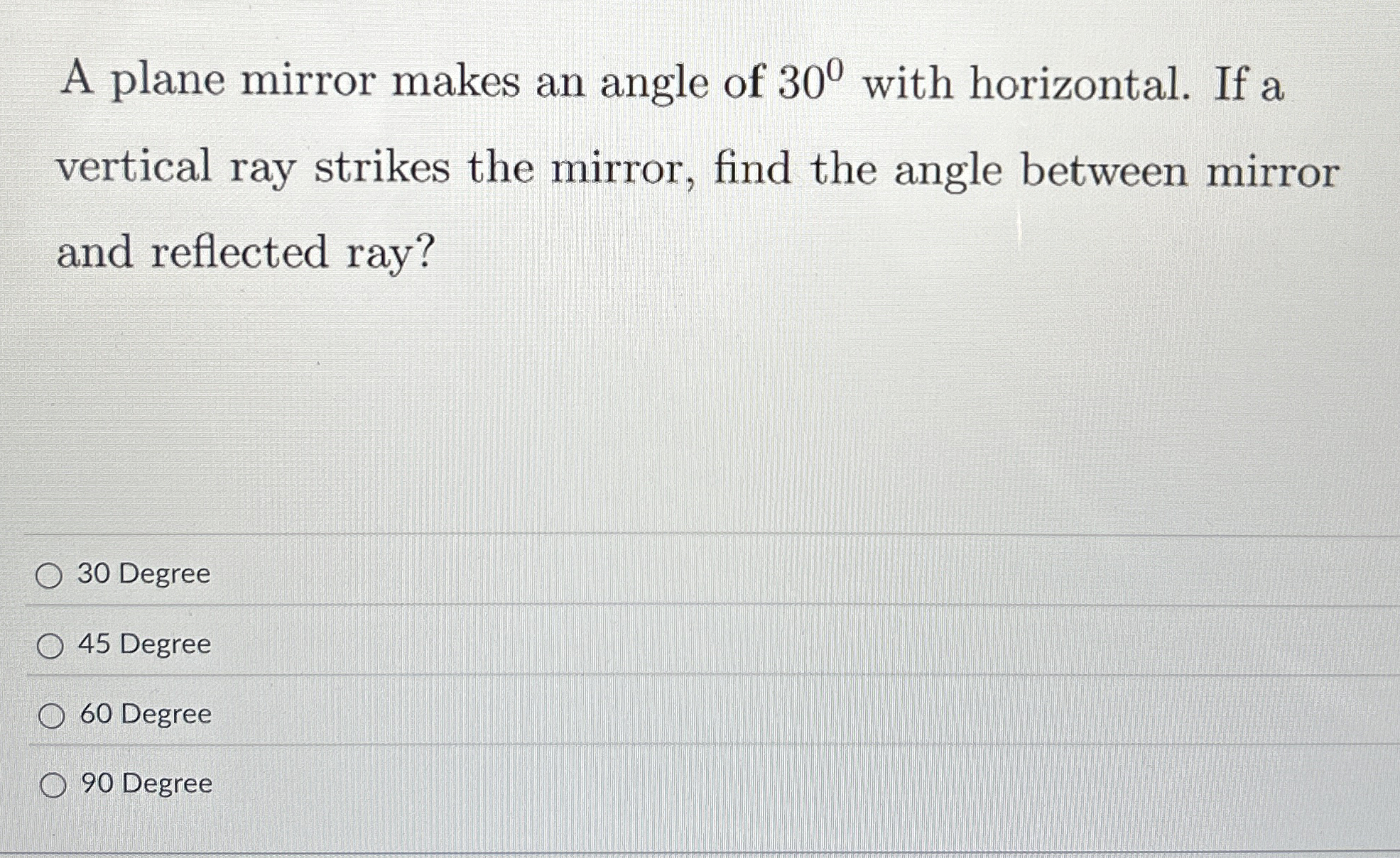A plane mirror makes an angle of 3 0 with