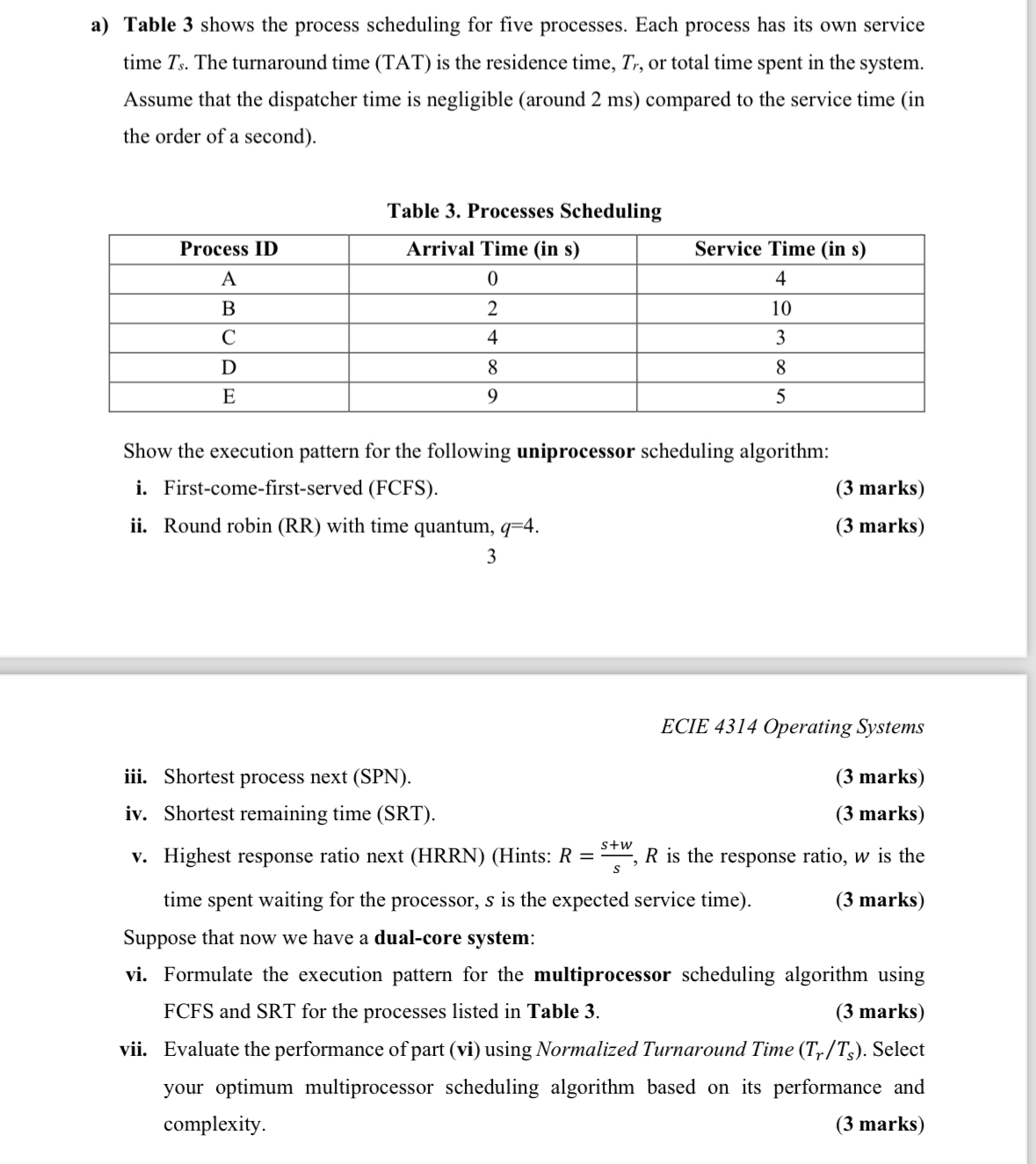 a ) Table 3 shows the process scheduling for five