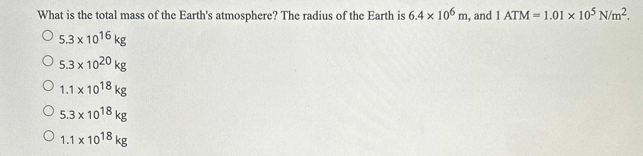 What is the total mass of the Earth's atmosphere?