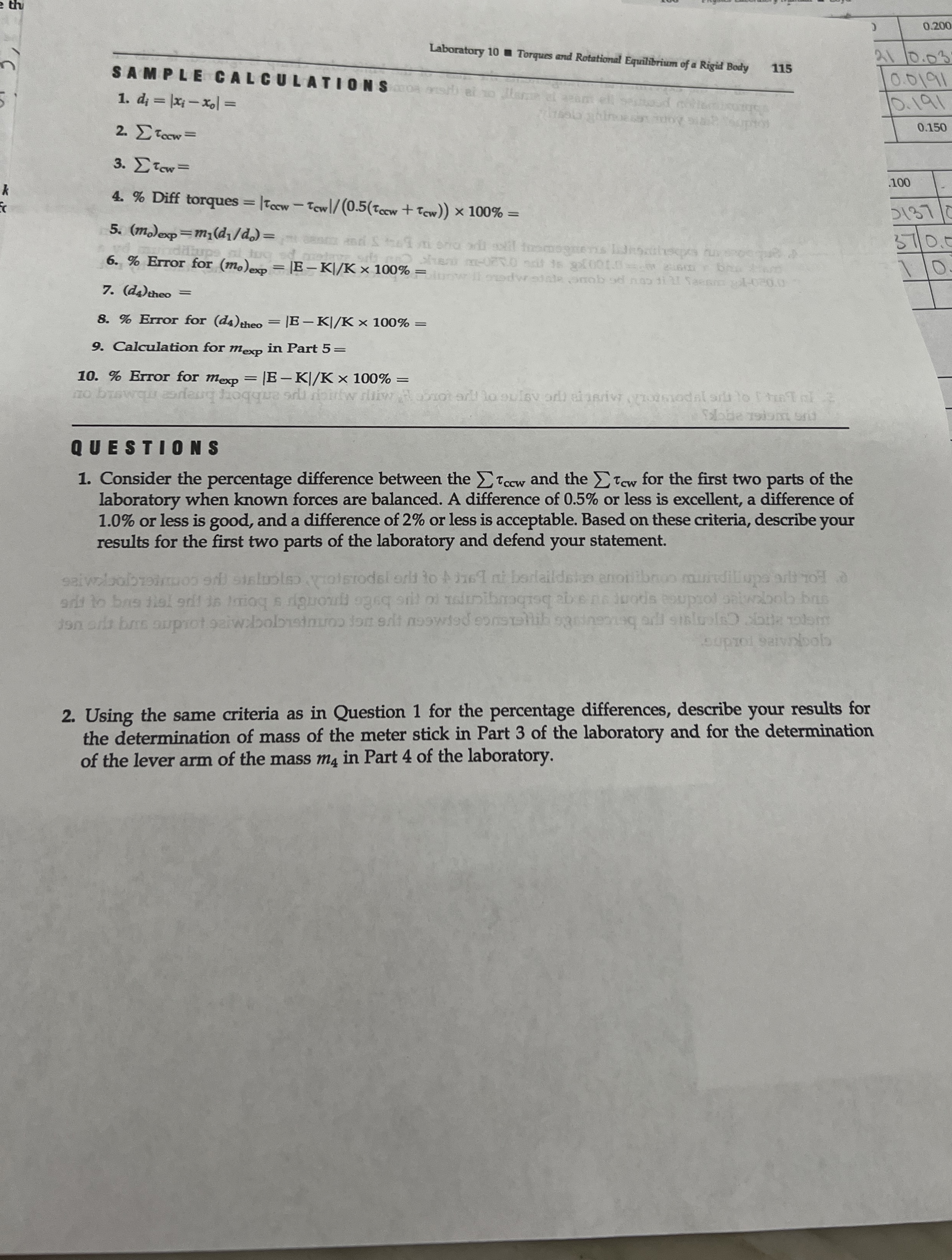 Laboratory 1 0 Torques and Rotational Equilibrium