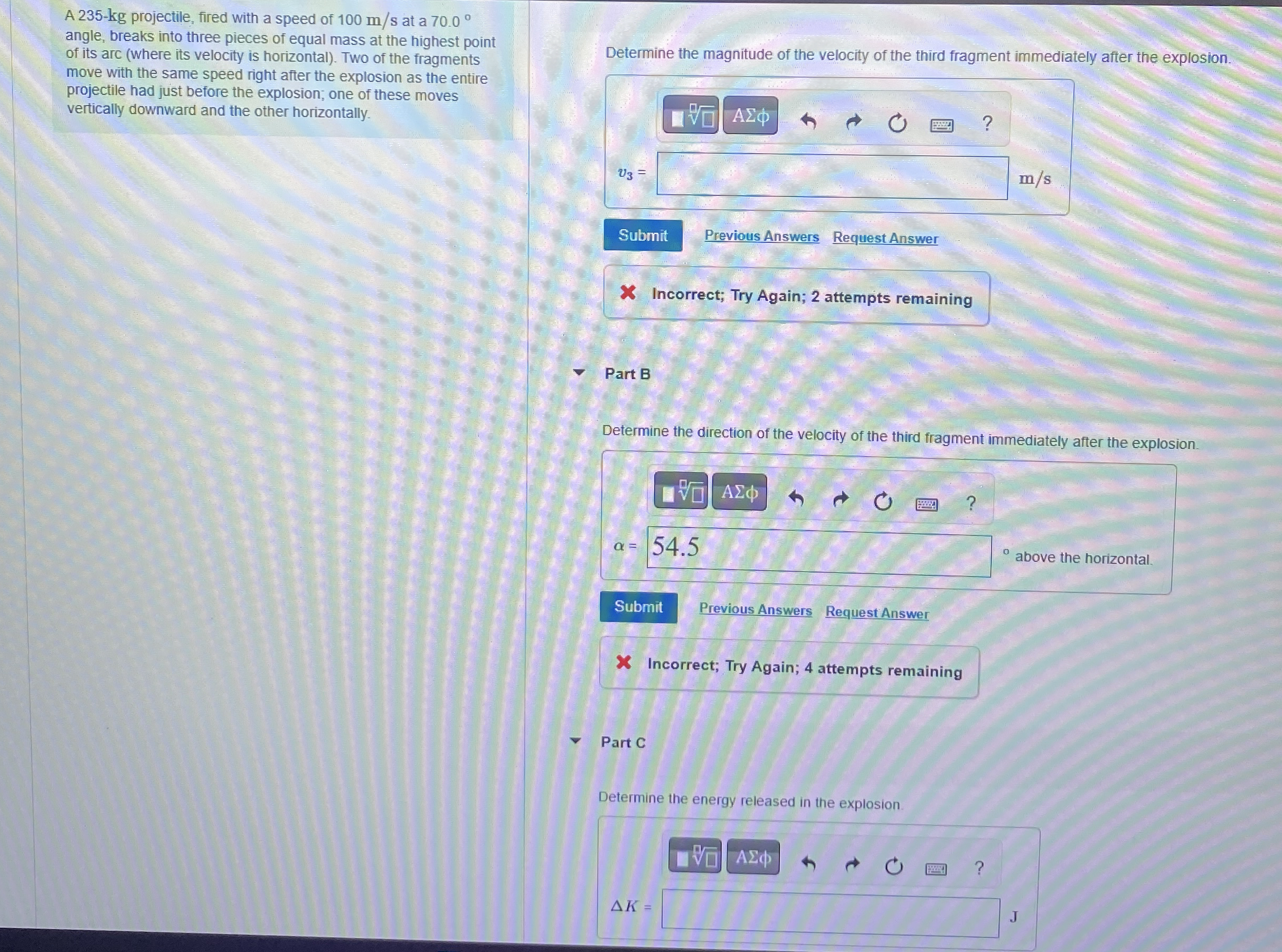 A 2 3 5 - kg projectile, fired with a speed of 1