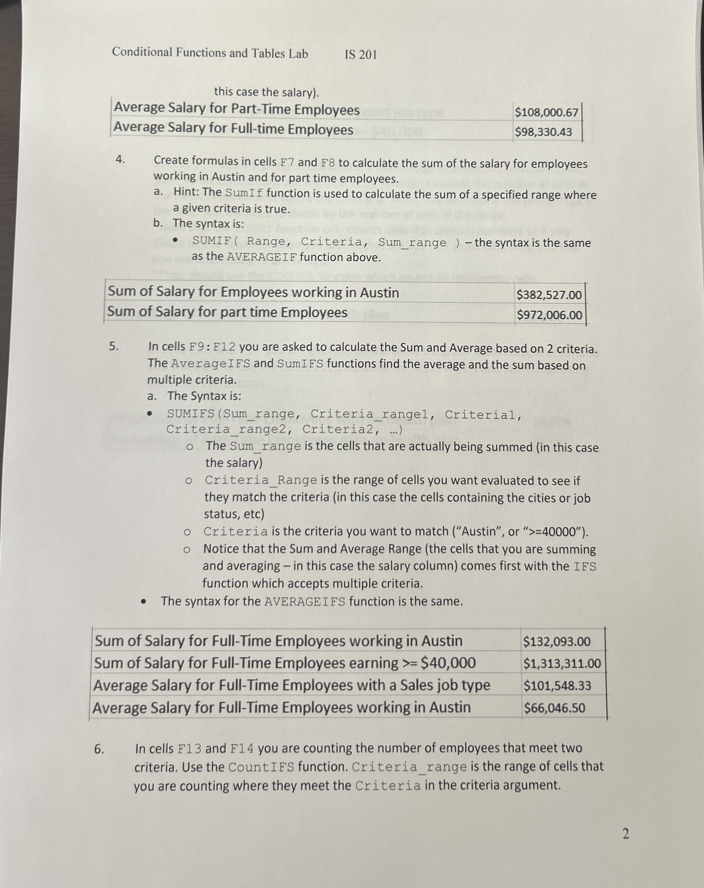 Conditional Functions and Tables Lab IS 2 0 1