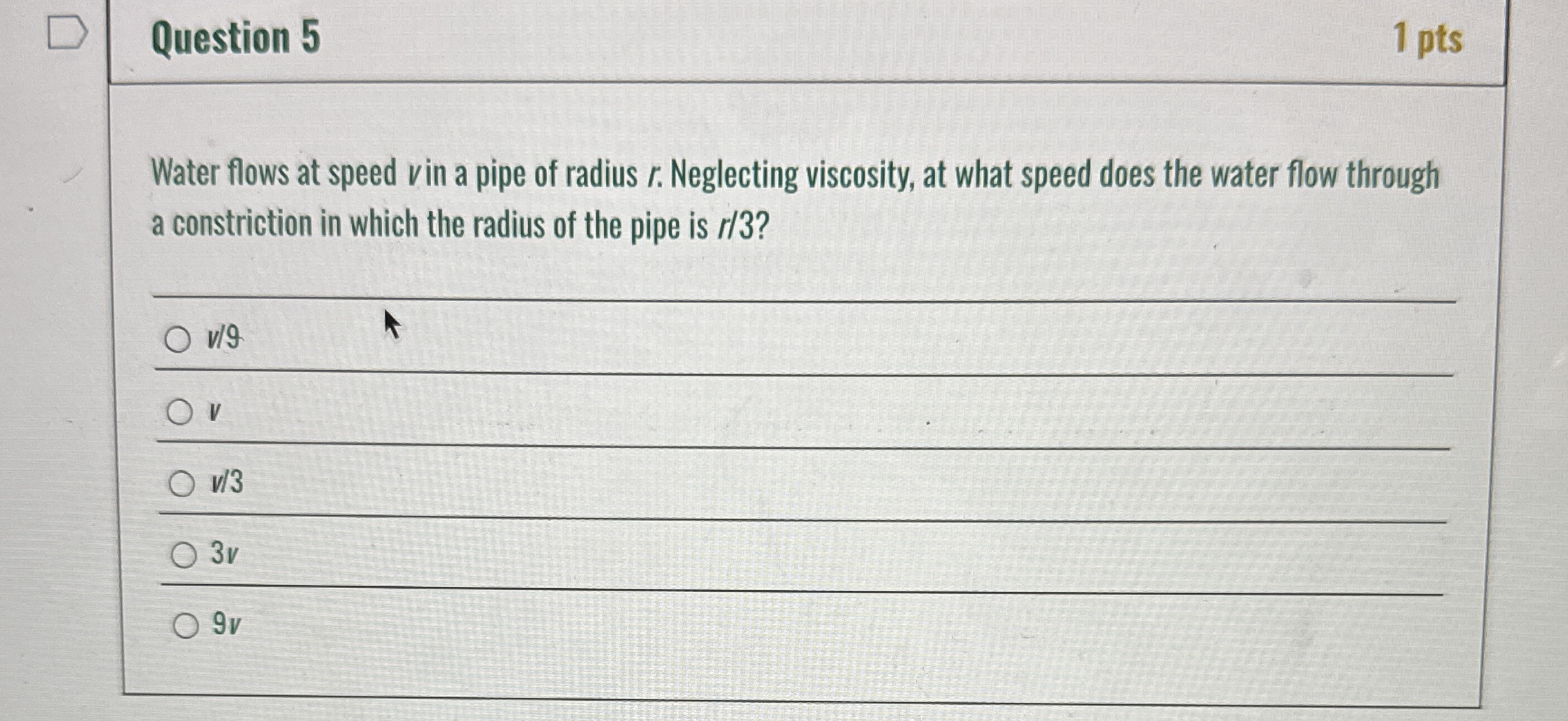 Question 5 1 pts Water flows at speed vin a pipe