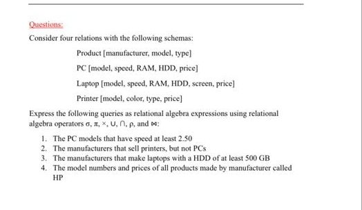 Questions: Consider four relations with the