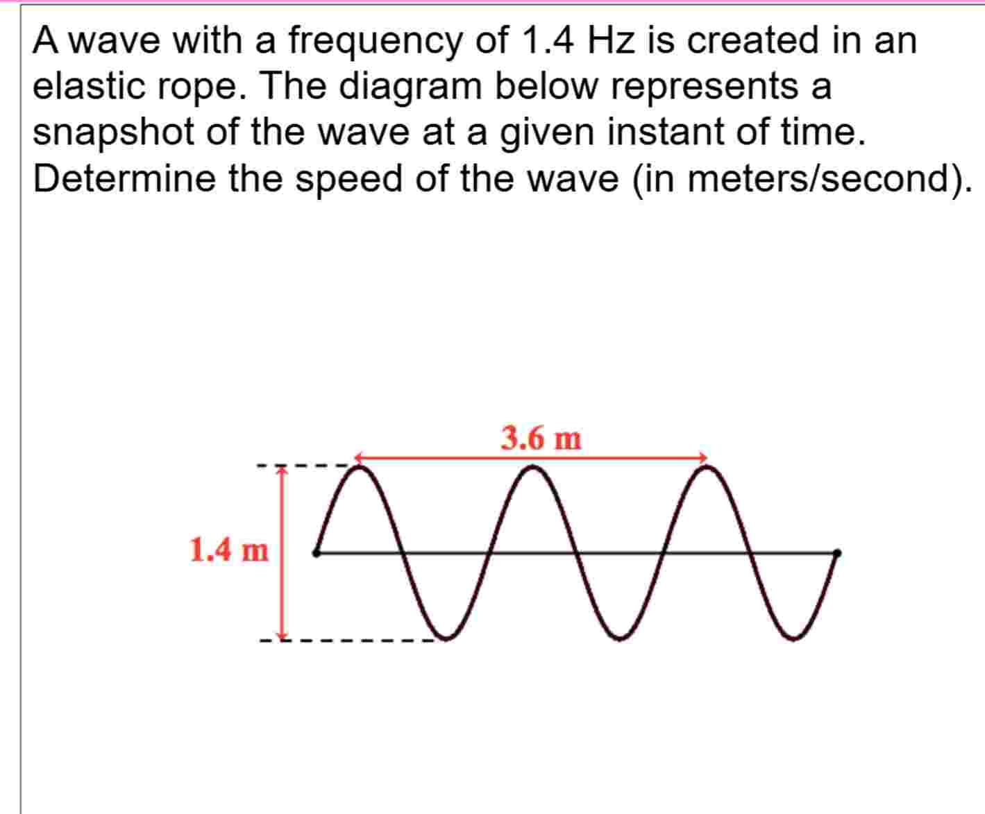 A wave with a frequency of 1 . 4 Hz is created in