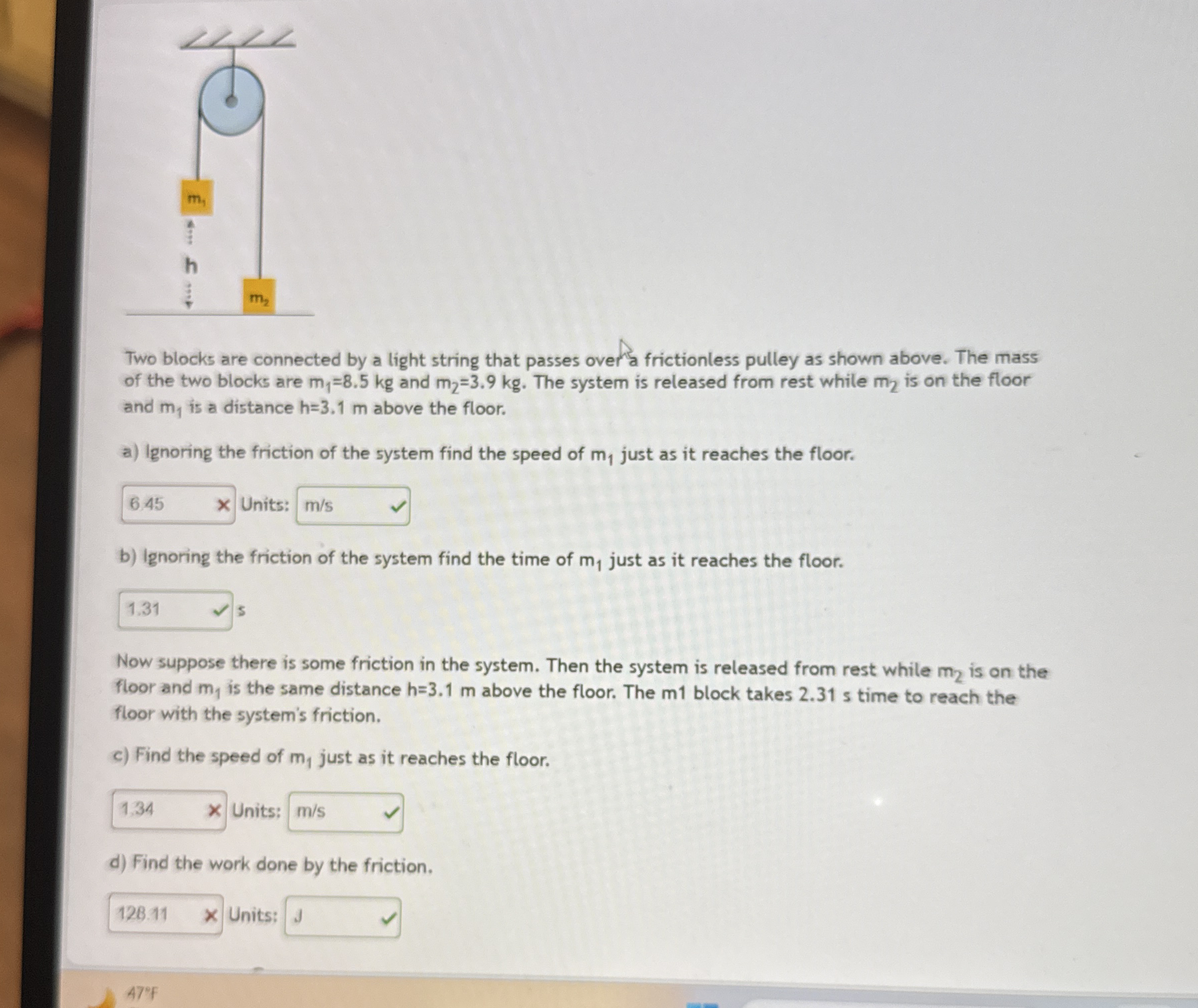 Two blocks are connected by a light string that