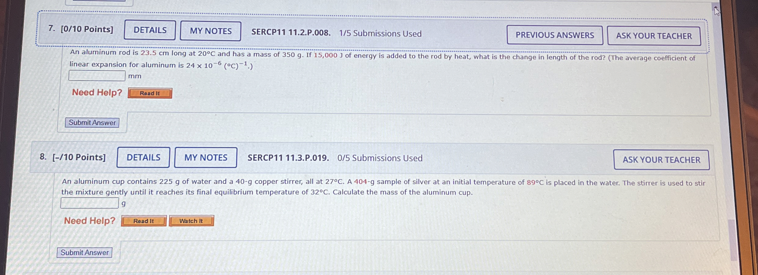 7 . ) An aluminum rod is 2 3 . 5 cm long at 2 0 C