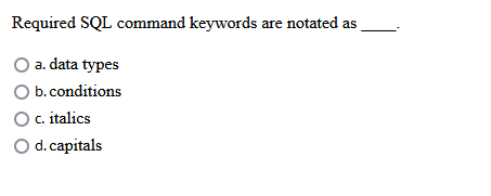 Required SQL command keywords are notated as a .