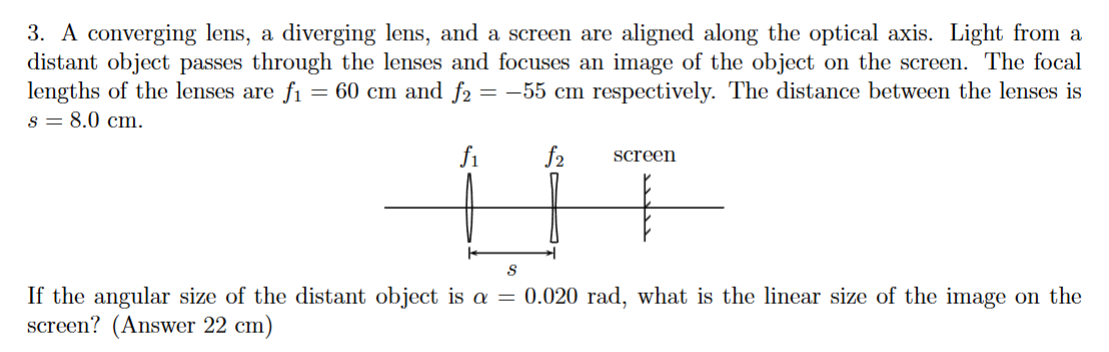 A converging lens, a diverging lens, and a screen
