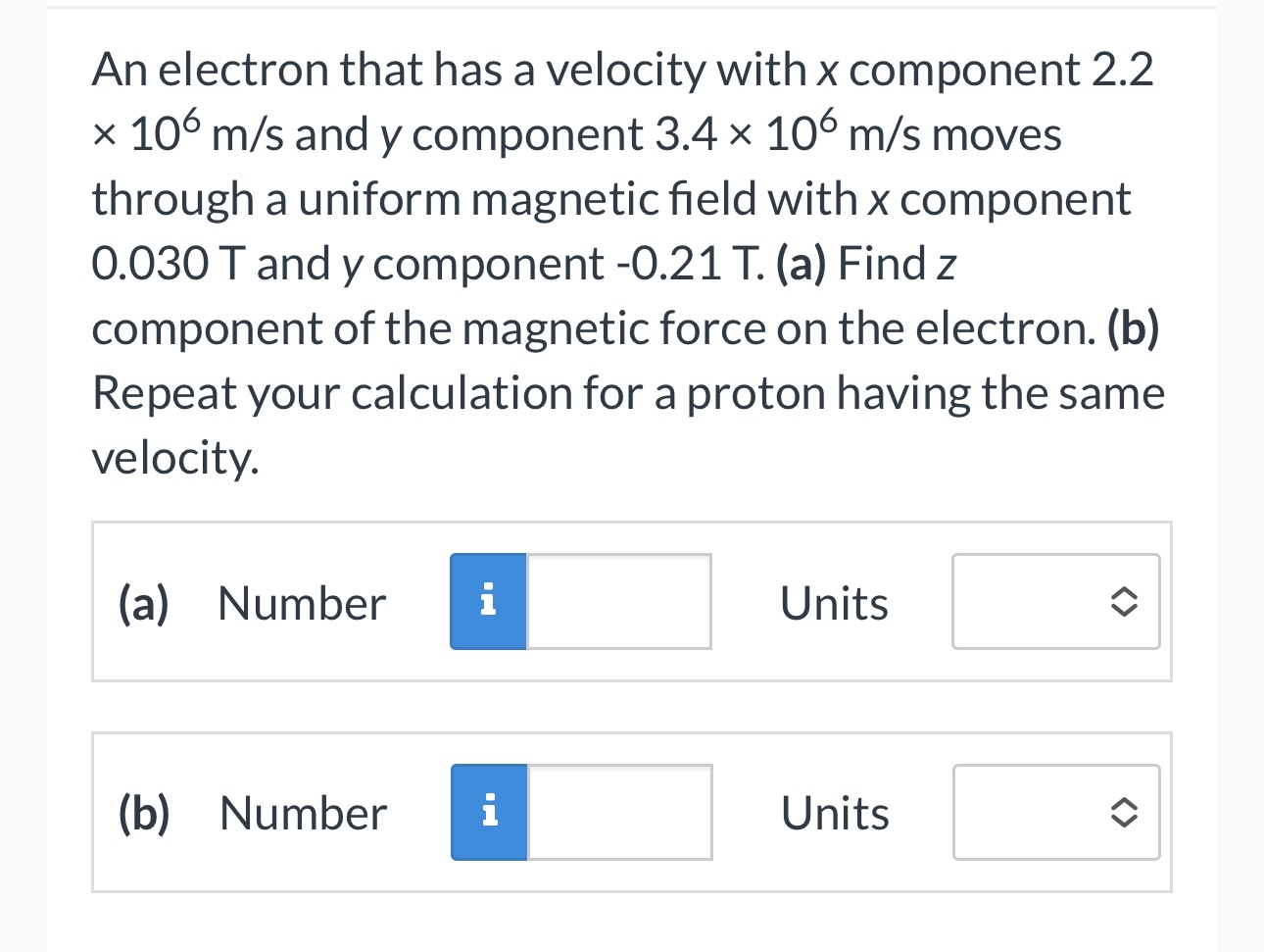 An electron that has a velocity with x component