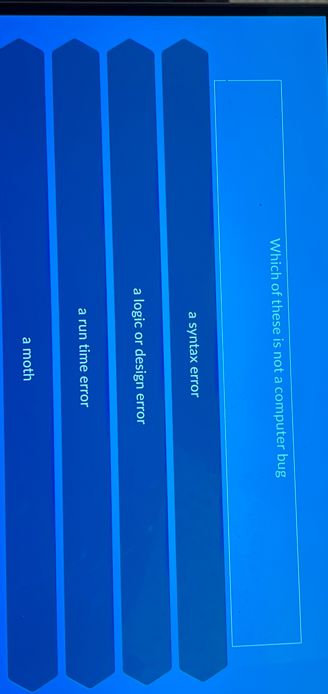 Which of these is not a computer bug a syntax