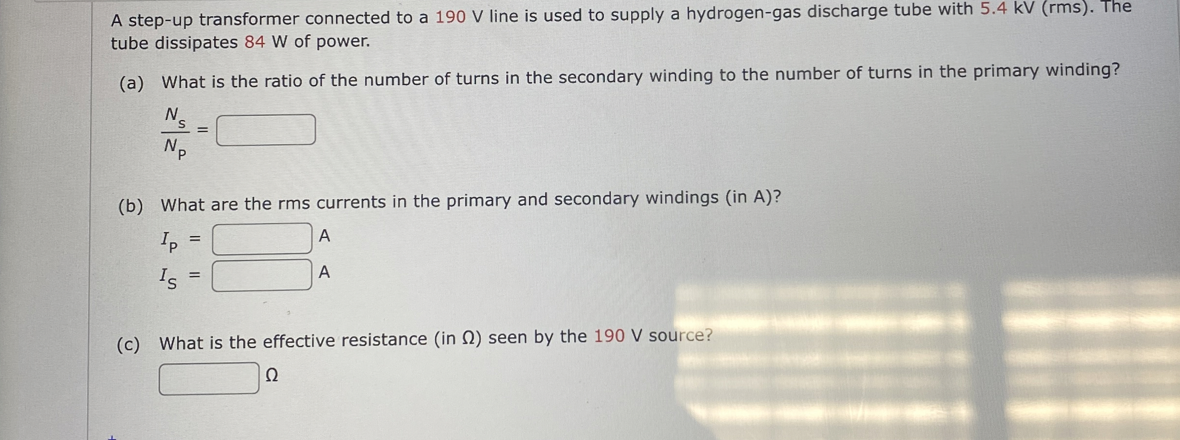 A step - up transformer connected to a 1 9 0 V