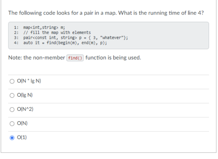 The following code looks for a pair in a map.