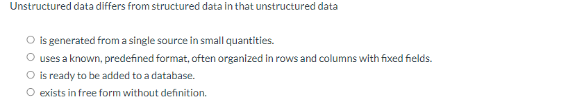Unstructured data differs from structured data in