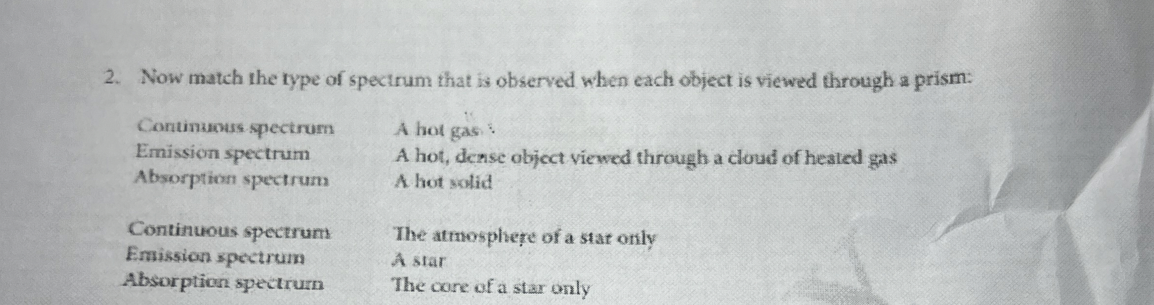 Now match the type of spectrum that is observed