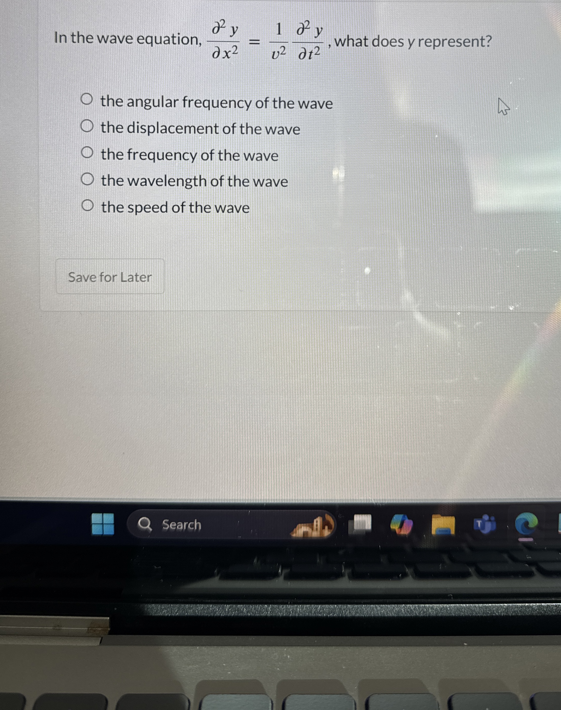 In the wave equation, d e l 2 y d e l x 2 = 1 v 2
