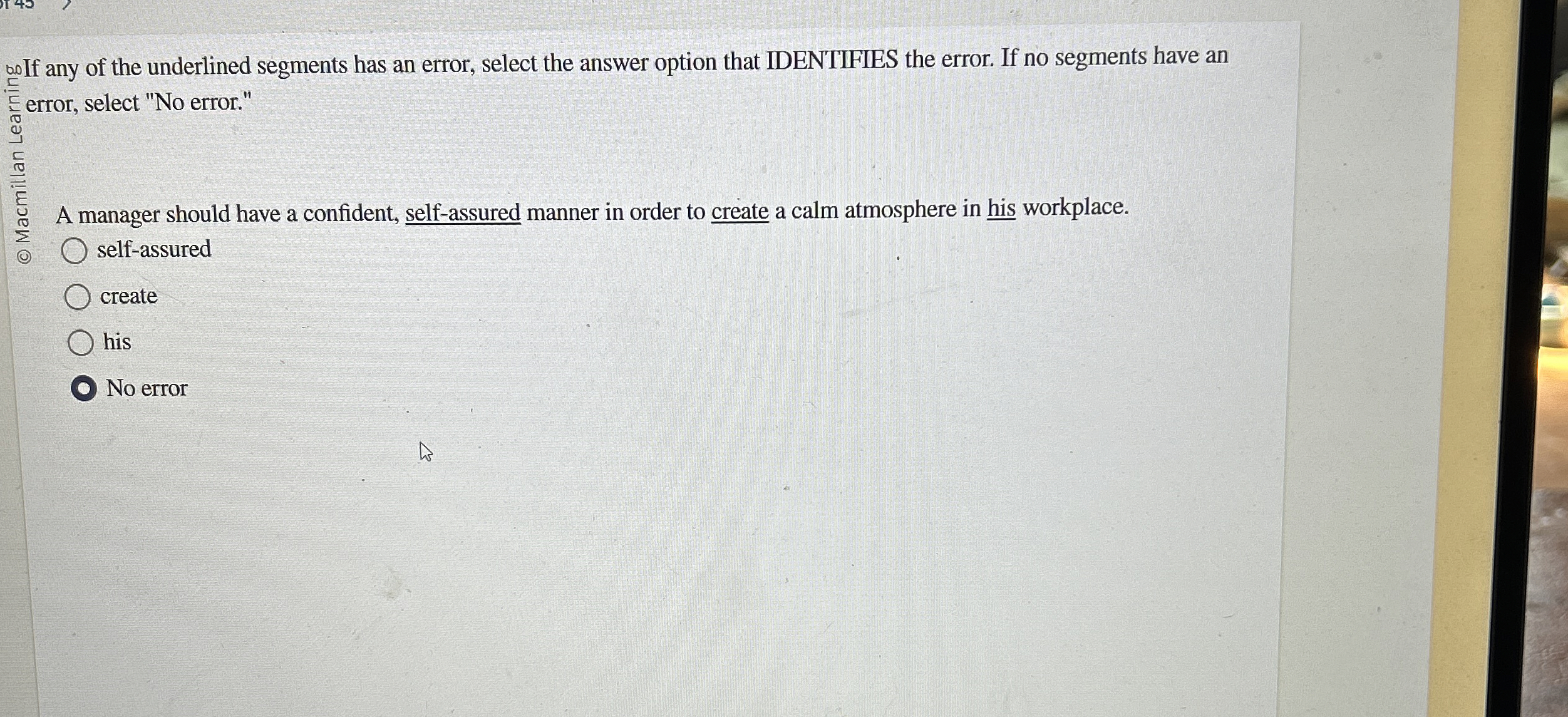 noIf any of the underlined segments has an error,