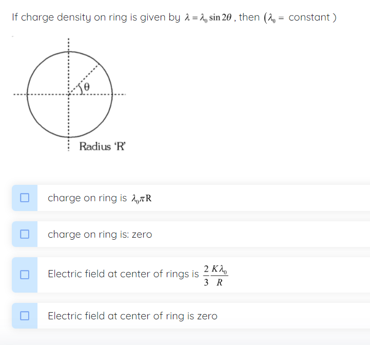 If charge density on ring is given by = 0 s i n 2