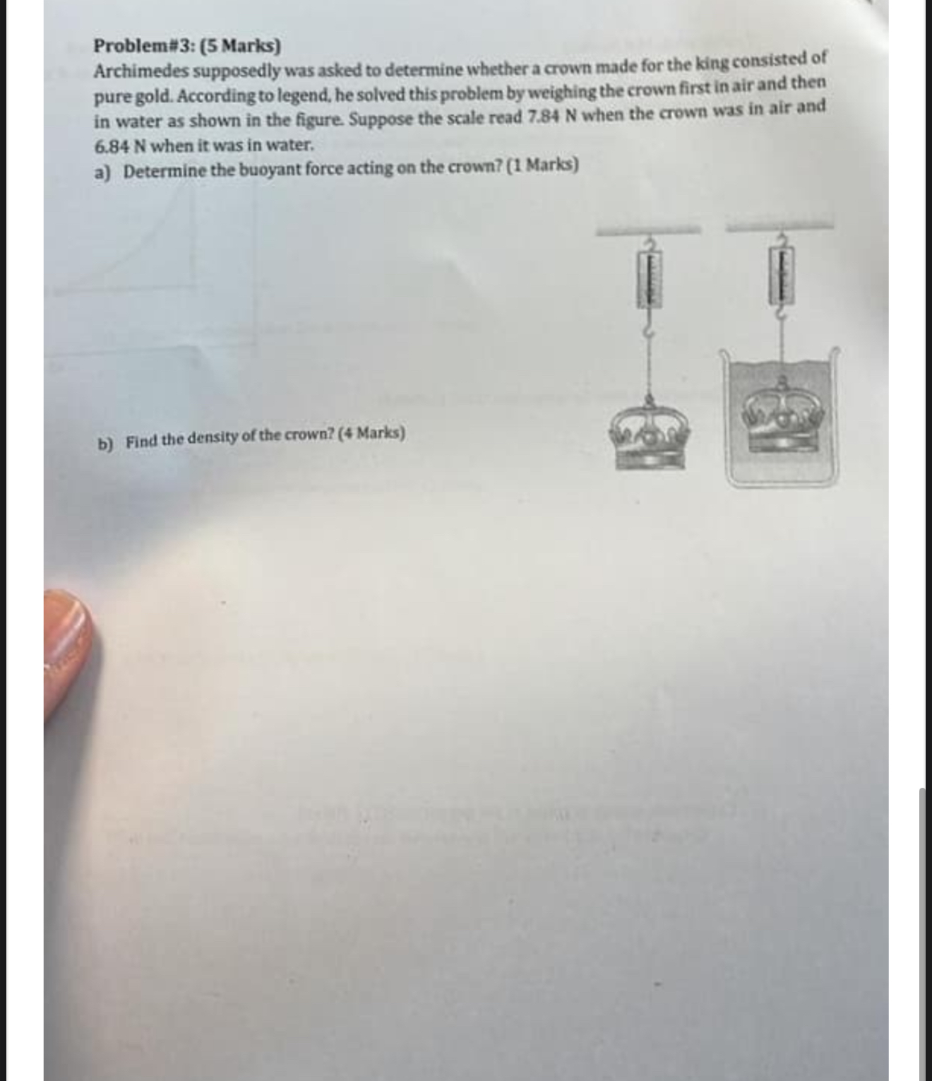 Problem# 3 : ( 5 Marks ) Archimedes supposedly