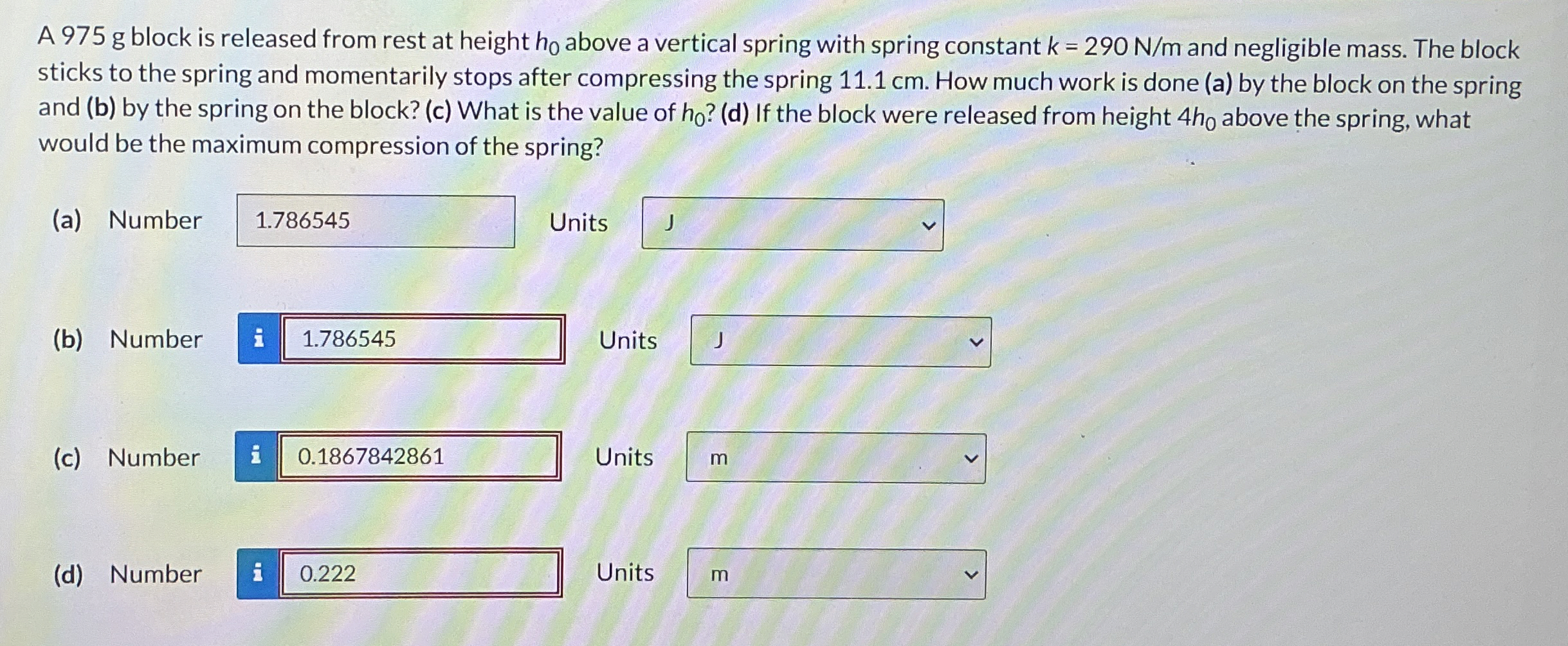 A 9 7 5 g block is released from rest at height h
