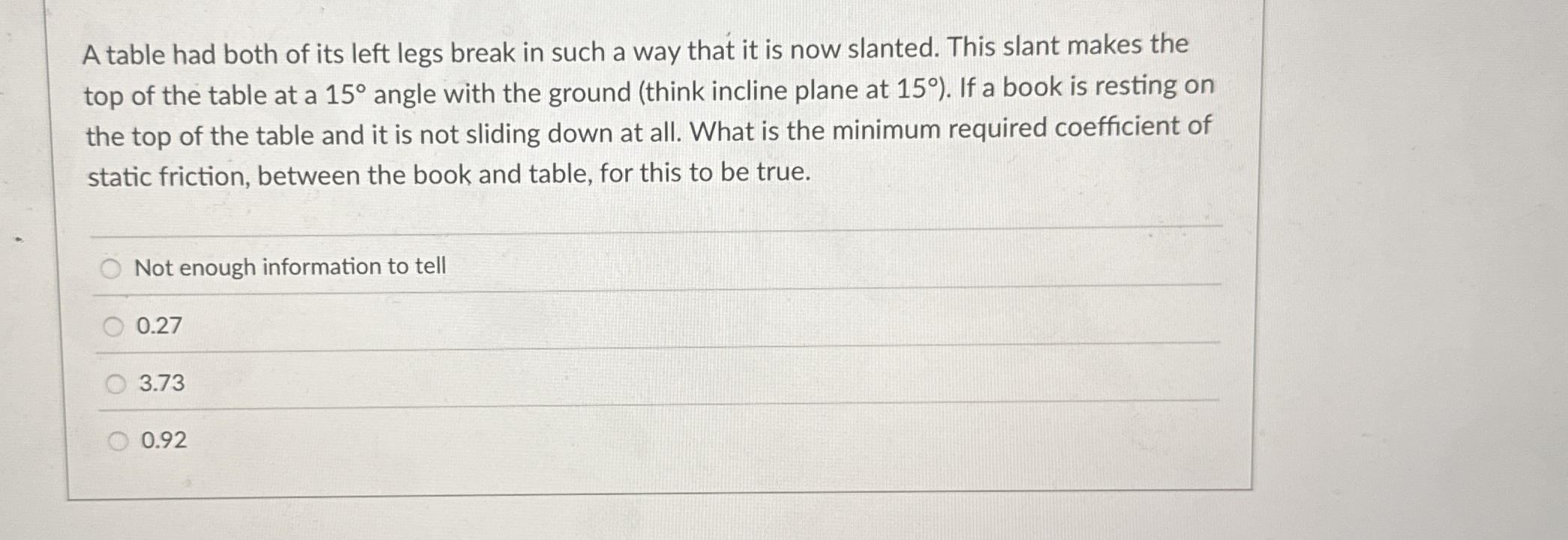 A table had both of its left legs break in such a