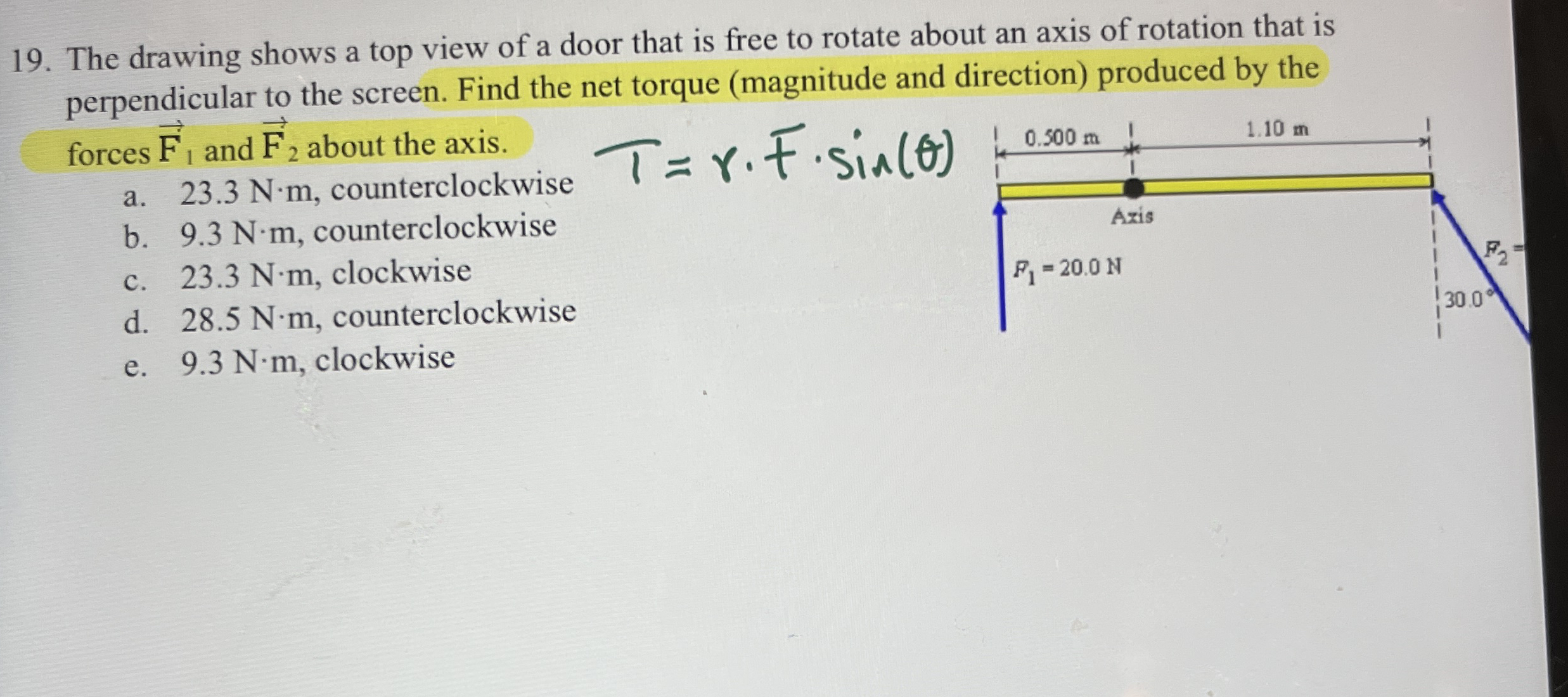 The drawing shows a top view of a door that is