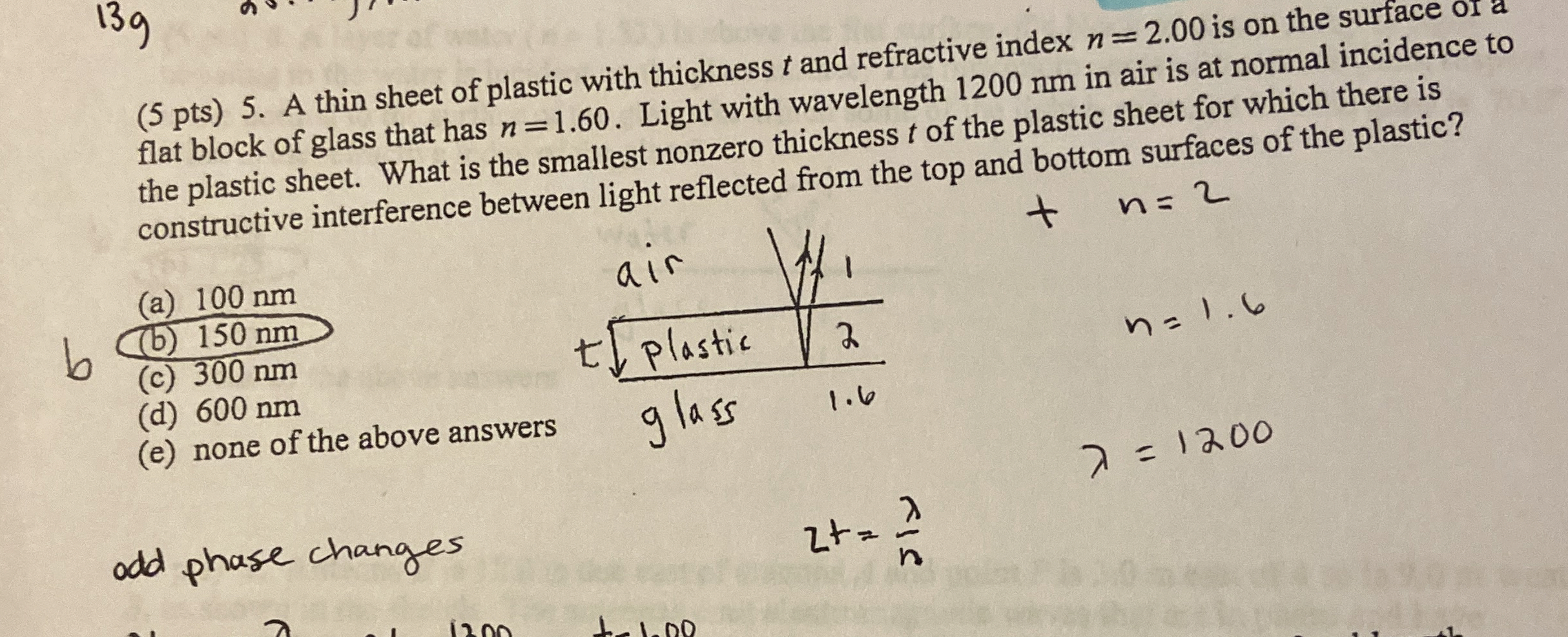 ( 5 pts ) 5 . A thin sheet of plastic with