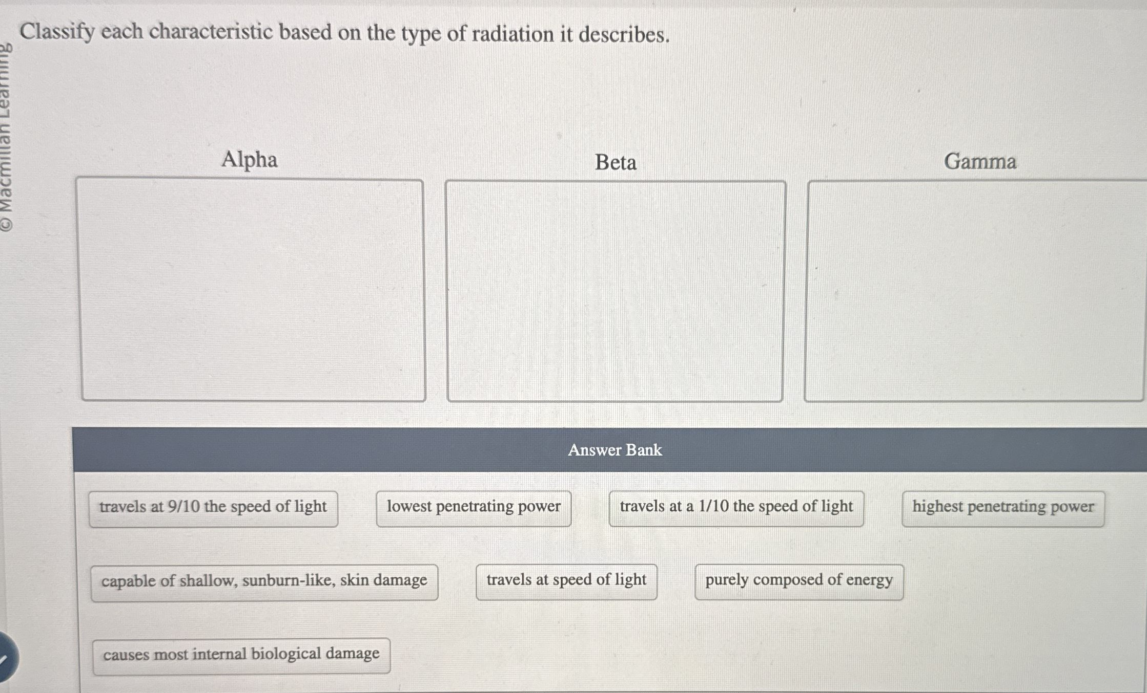 Classify each characteristic based on the type of