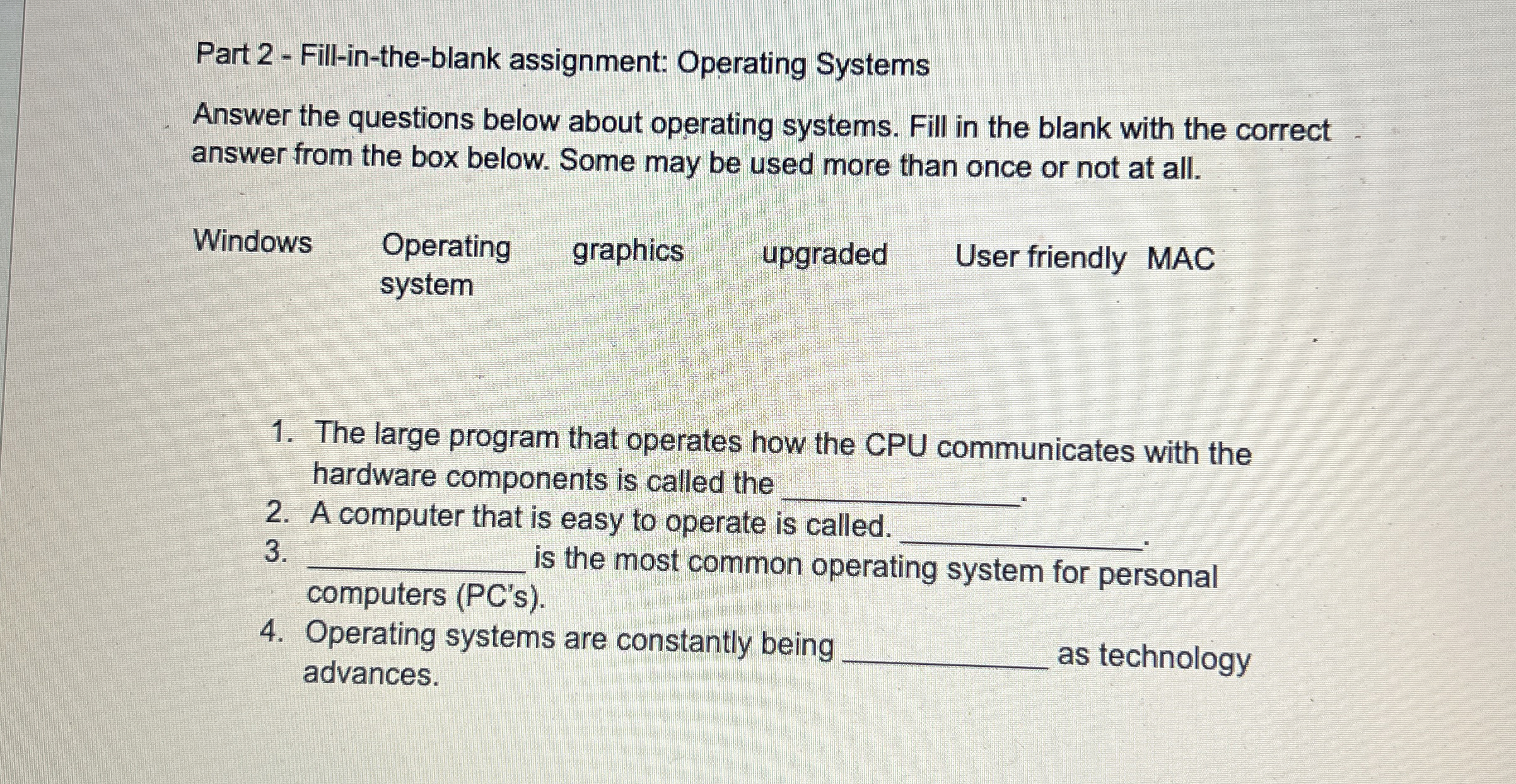 Part 2 - Fill - in - the - blank assignment: