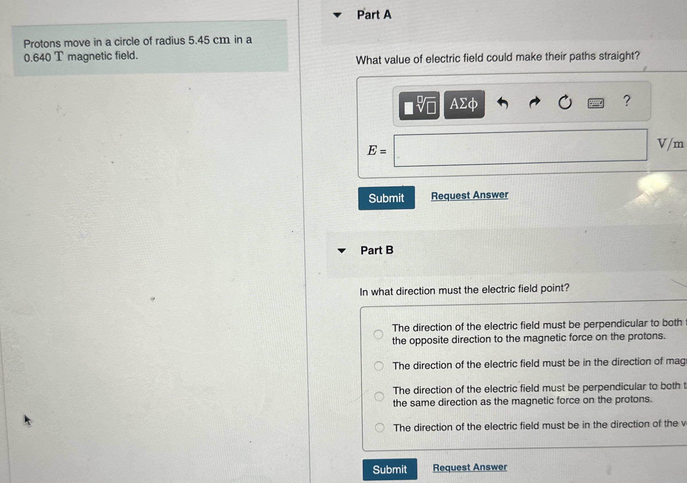Protons move in a circle of radius 5 . 4 5 cm in