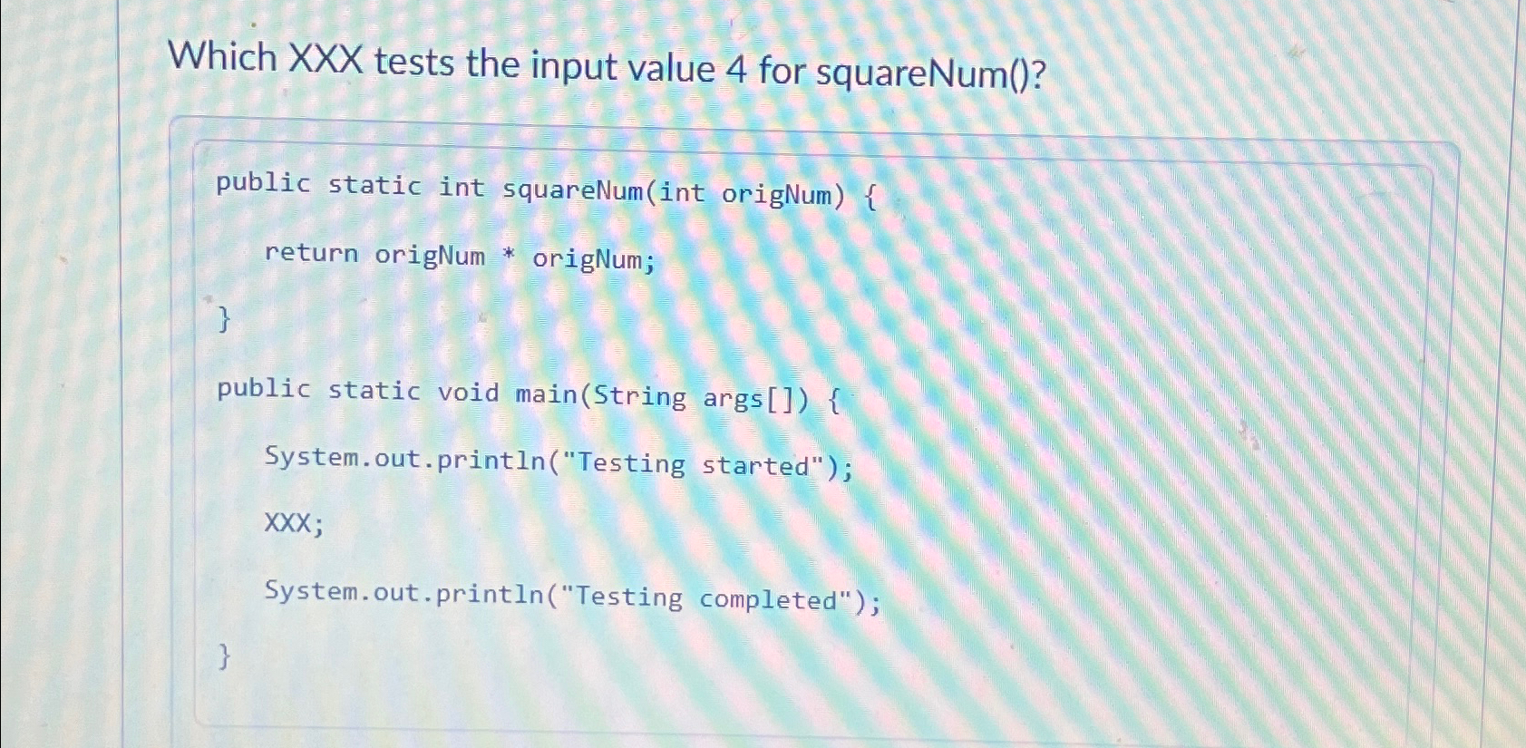 Which XXX tests the input value 4 for squareNum (