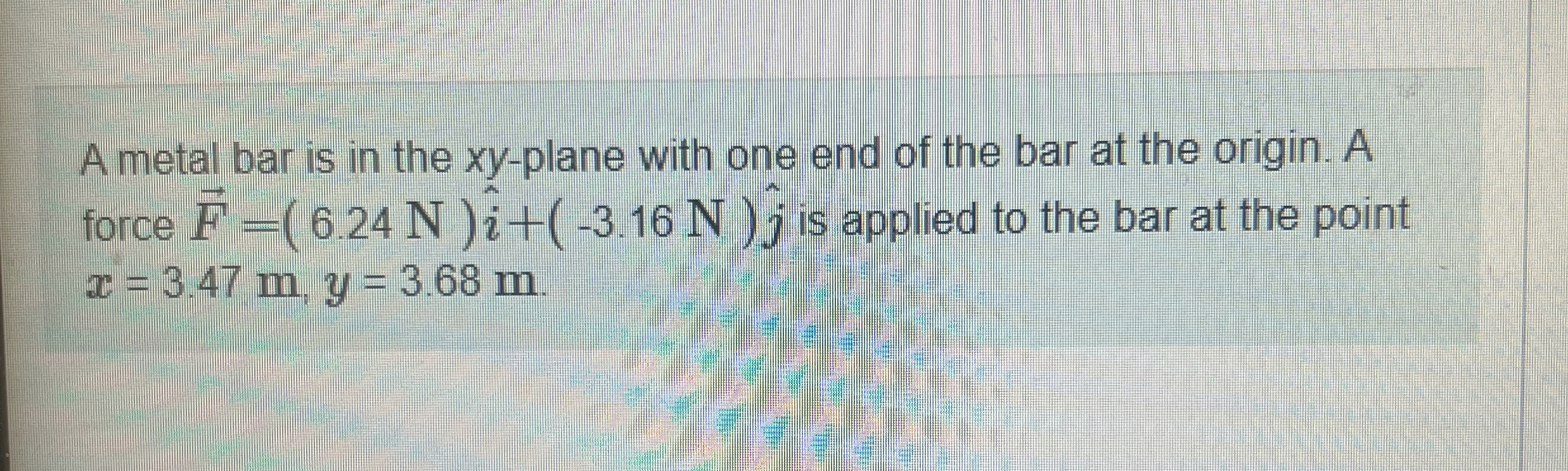 A metal bar is in the x y - plane with one end of