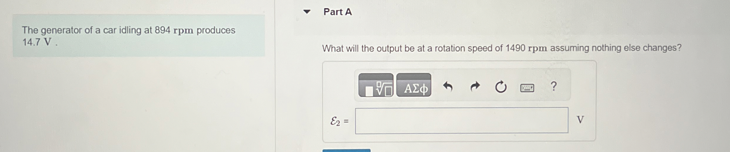 The generator of a car idling at 8 9 4 rpm