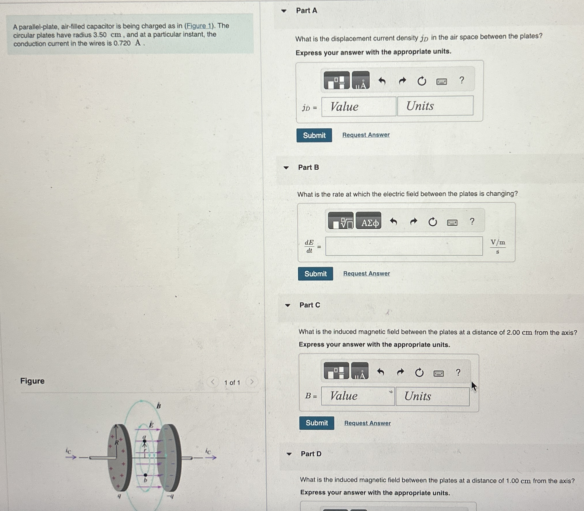 A parallel - plate, air - filled capacitor is