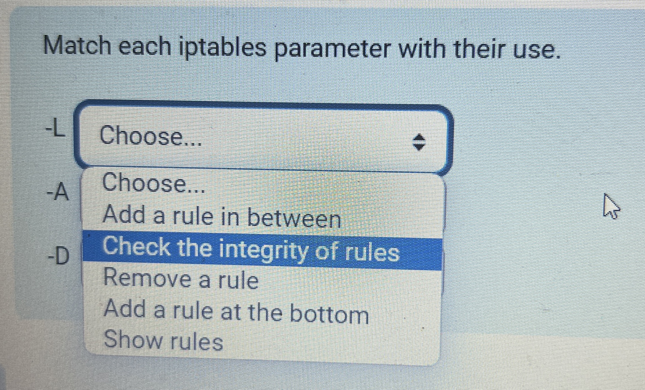 Match each iptables parameter with their use. L