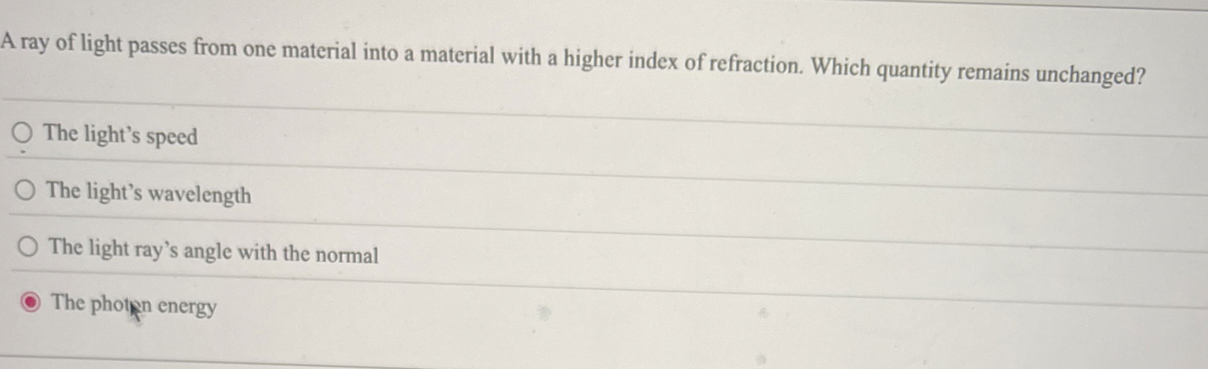A ray of light passes from one material into a