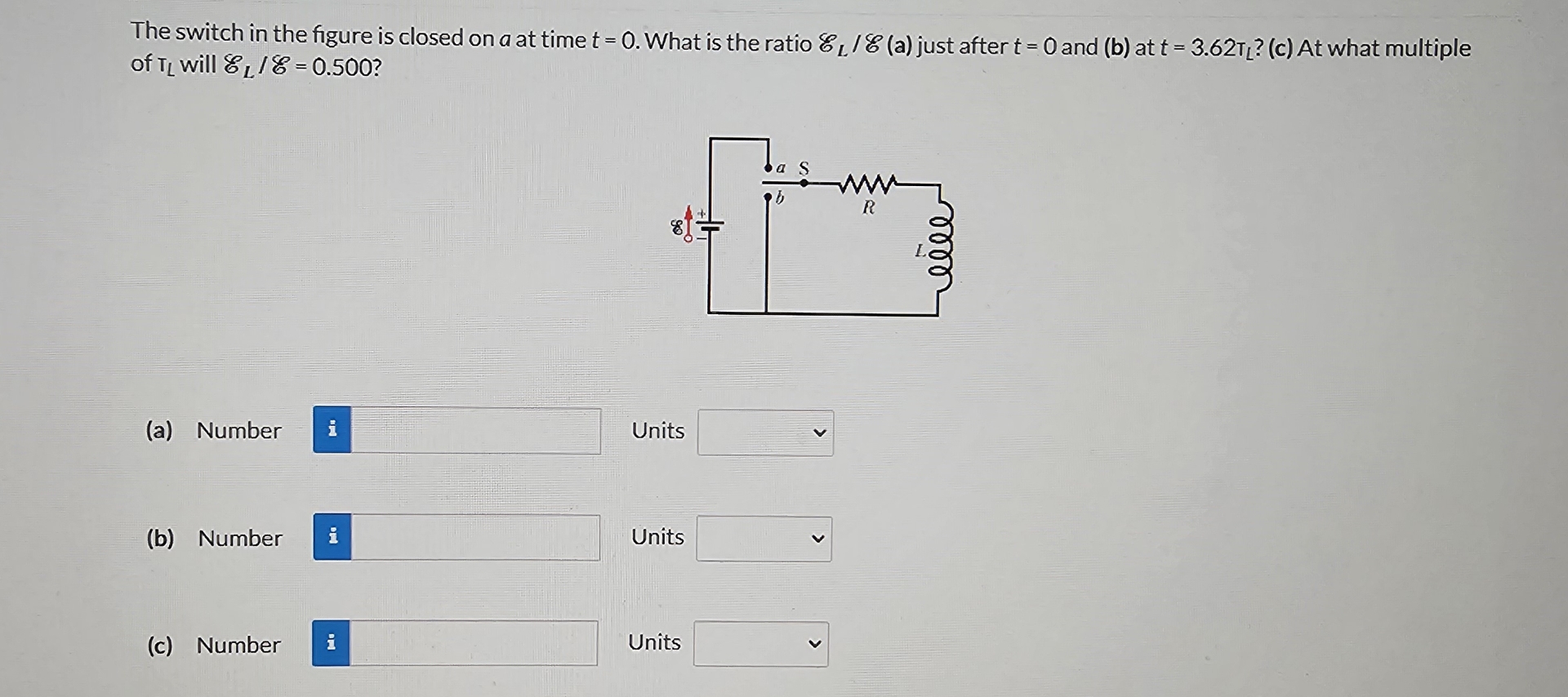 The switch in the figure is closed on a at time t