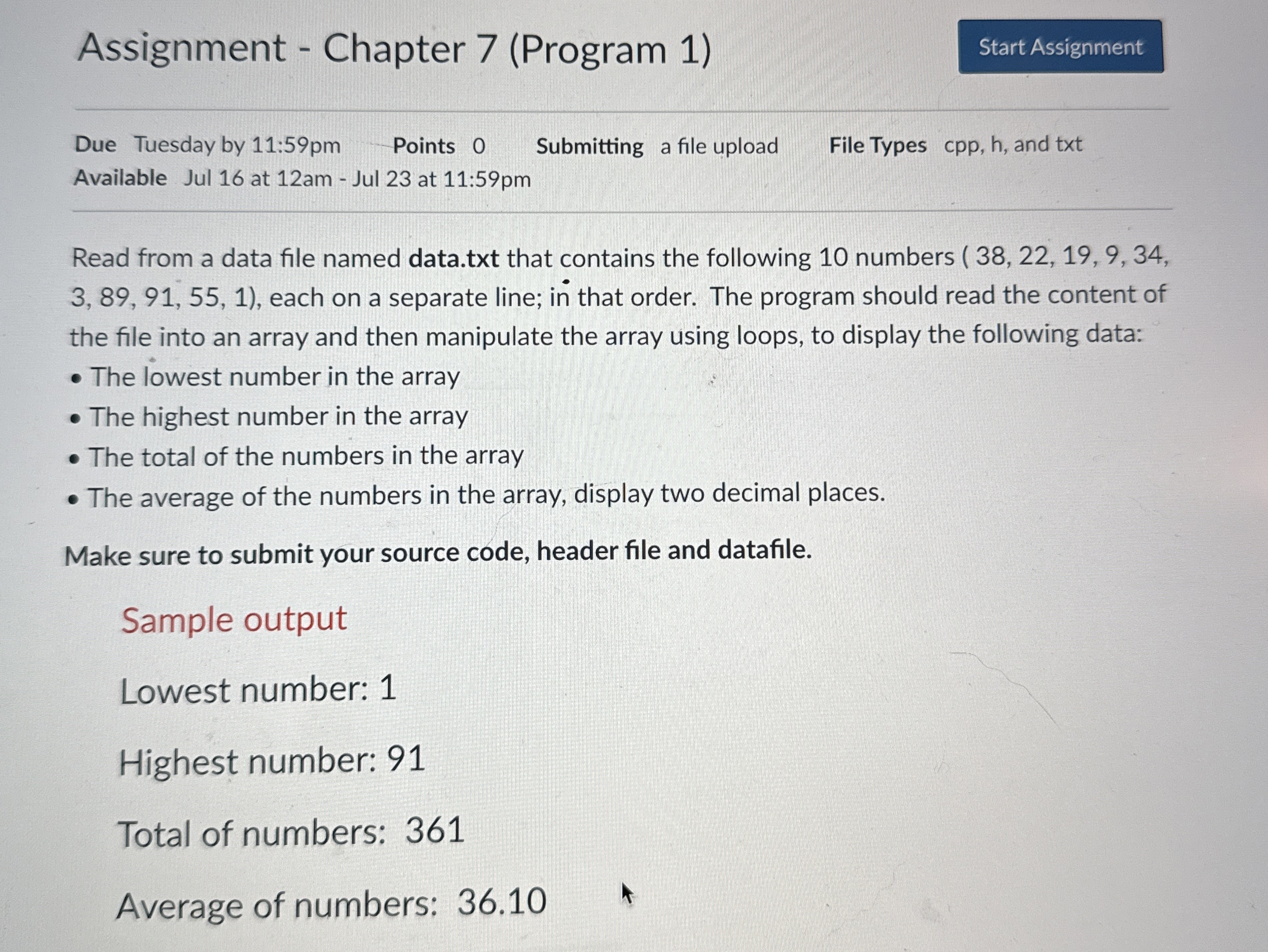 Assignment - Chapter 7 ( Program 1 ) Due Tuesday