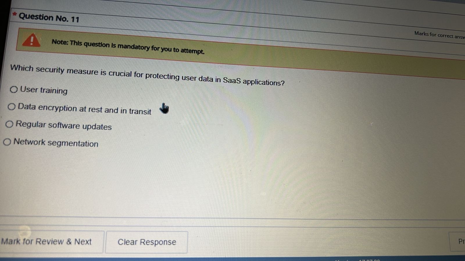 Question No . 1 1 Marks for correct anst Note: