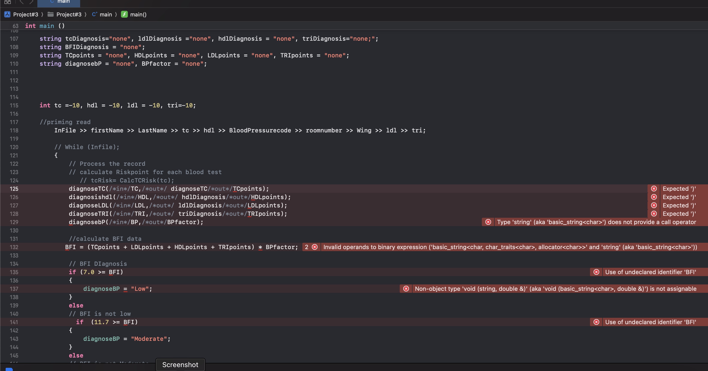 int main ( ) string tcDiagnosis = "none",