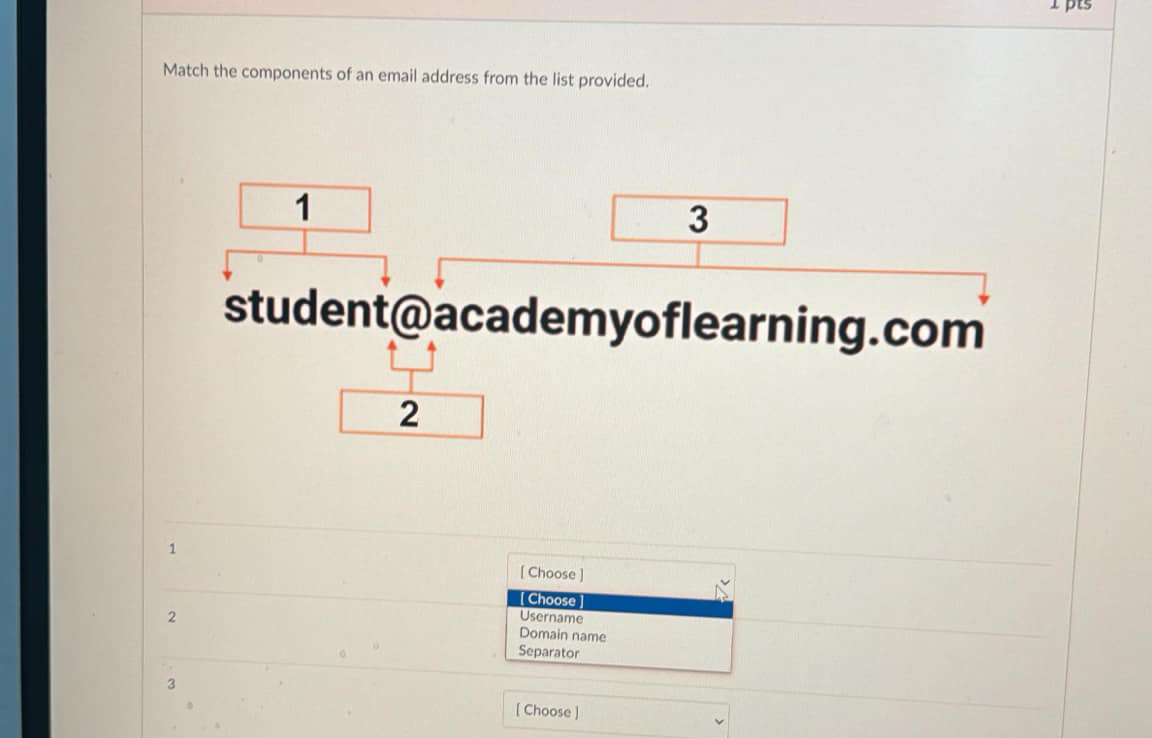 Match the components of an email address from the