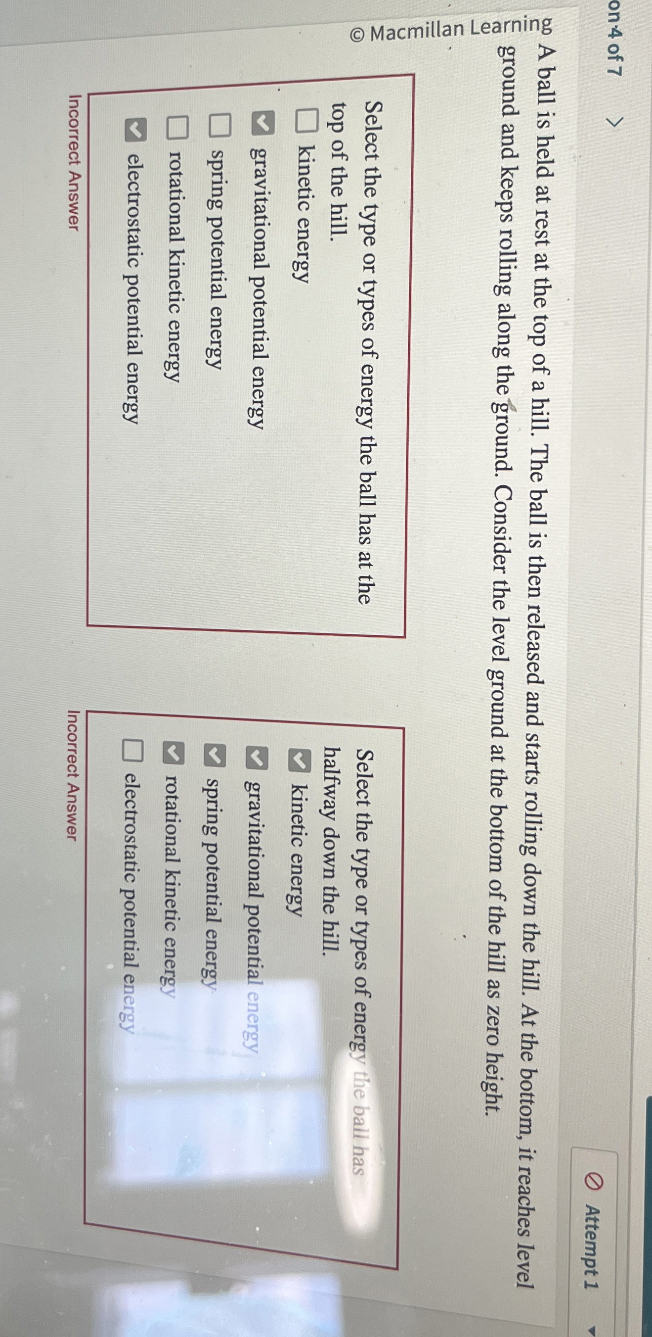 on 4 of 7 Attempt 1 ? 0 0 A ball is held at rest