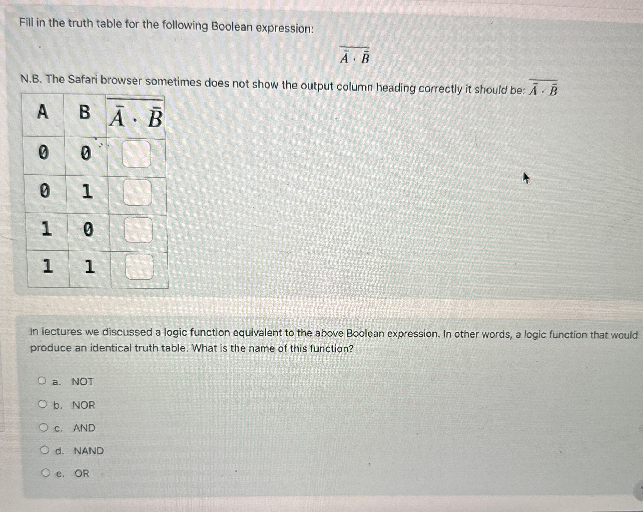 Fill in the truth table for the following Boolean