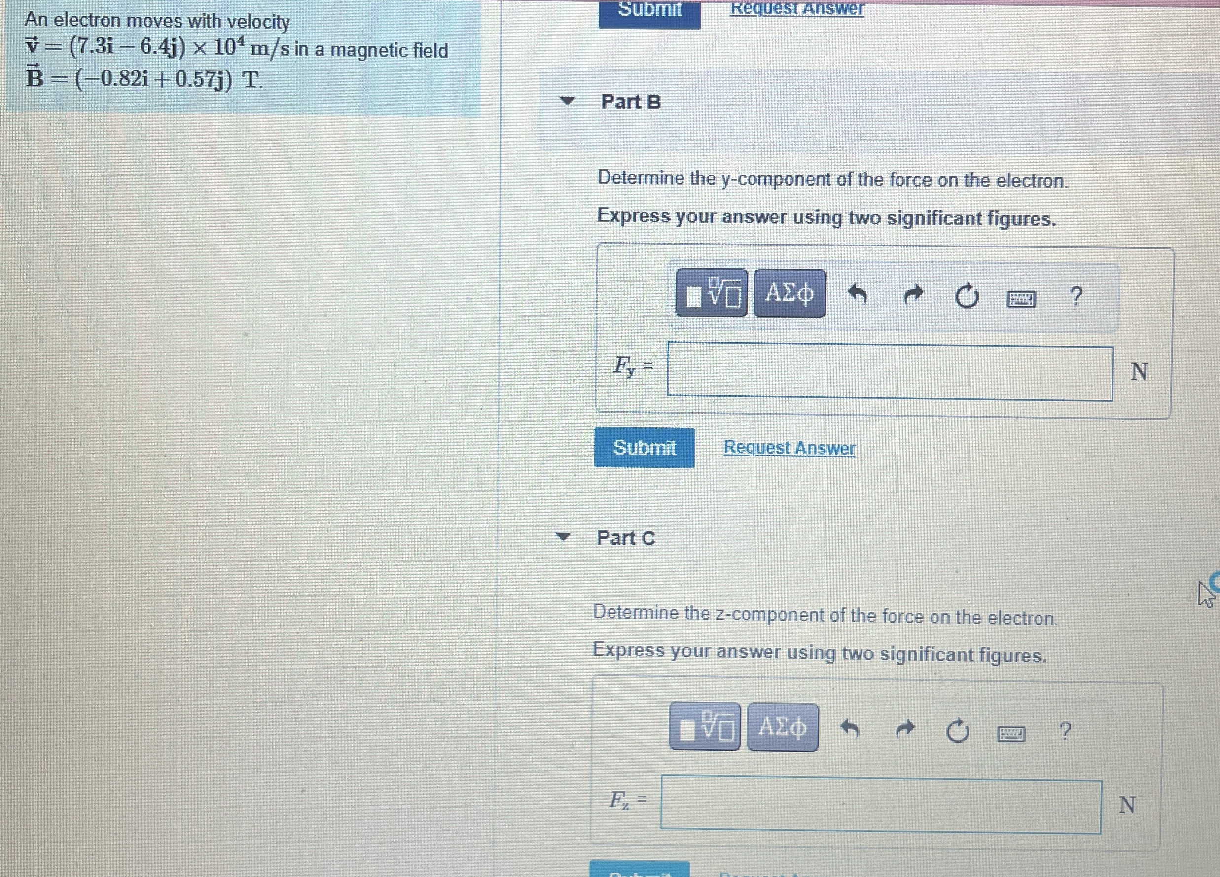An electron moves with velocity vec ( v ) = ( 7 .