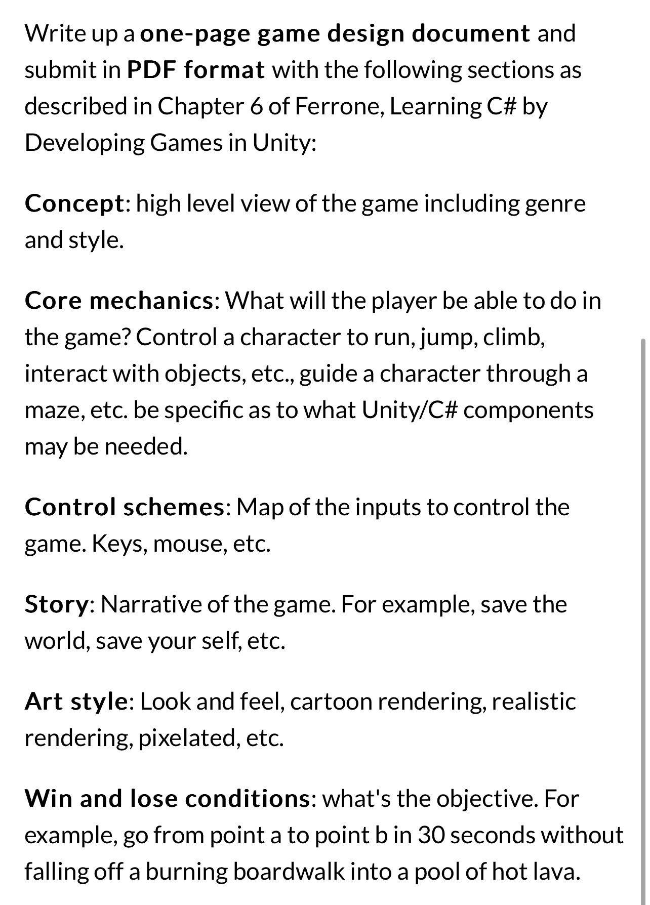 Write up a one - page game design document and