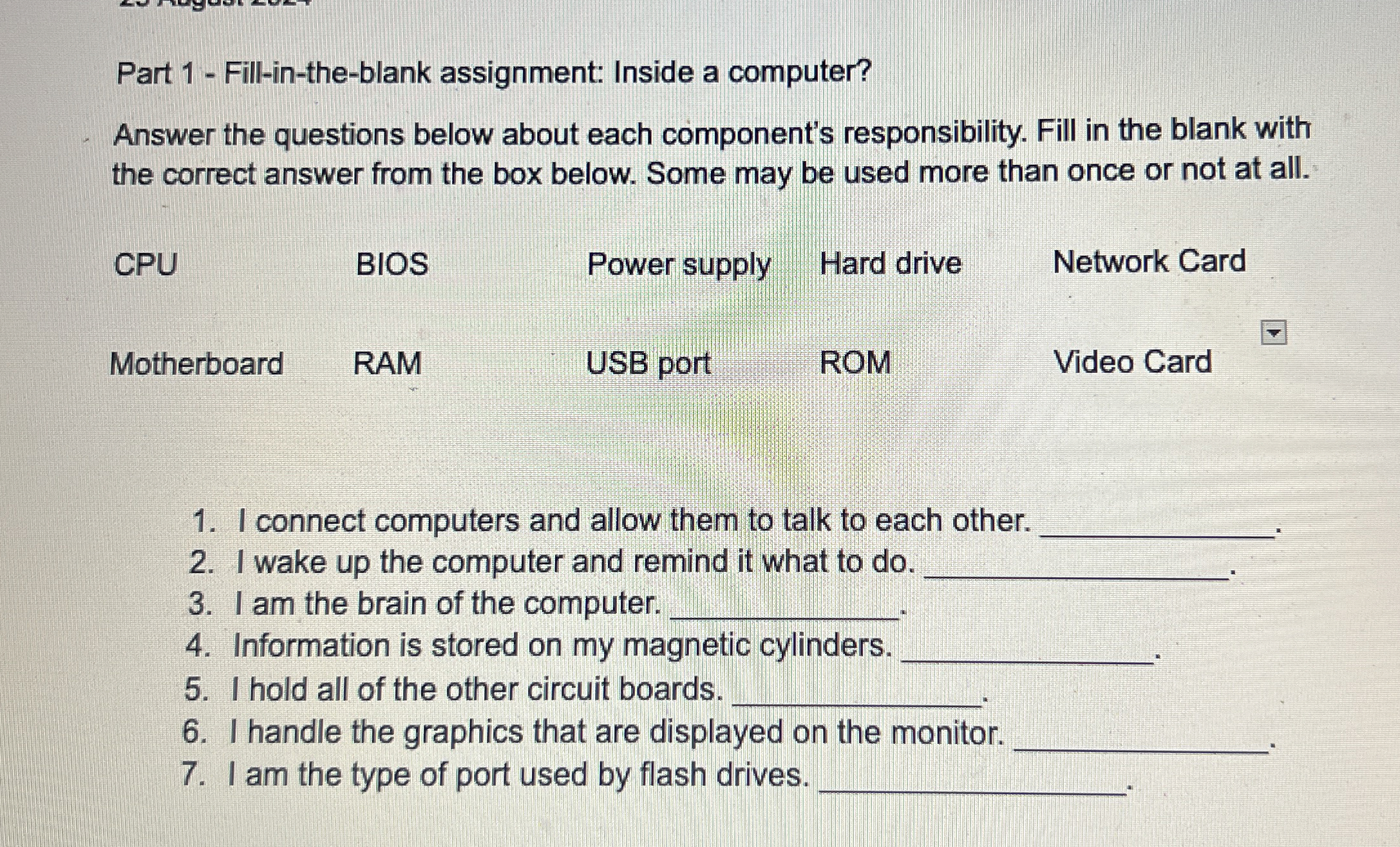 Part 1 - Fill - in - the - blank assignment: