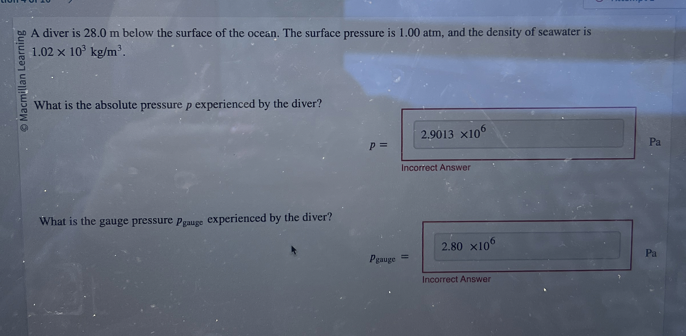 A diver is 2 8 . 0 m below the surface of the