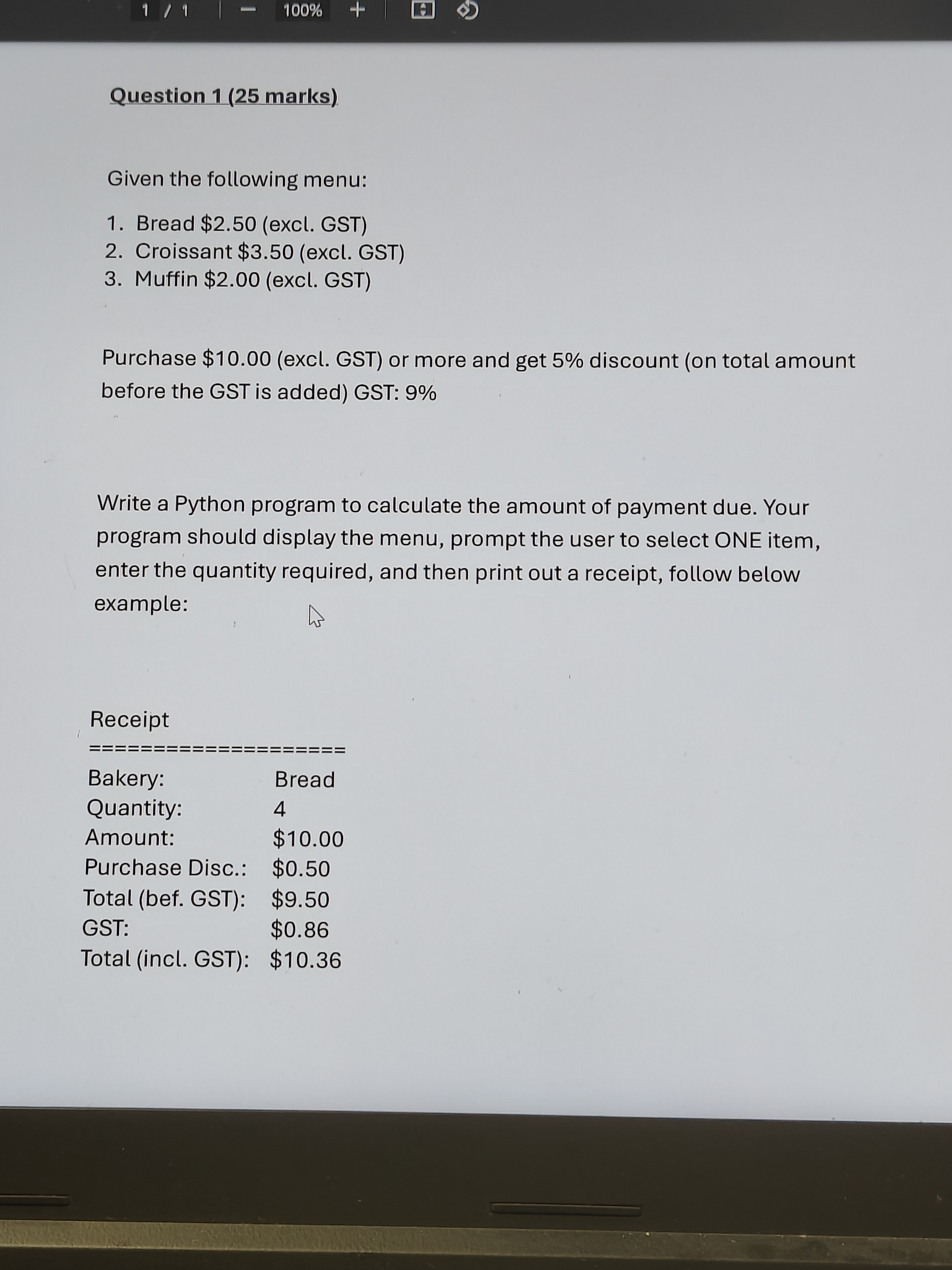 Question 1 ( 2 5 marks ) . Given the following