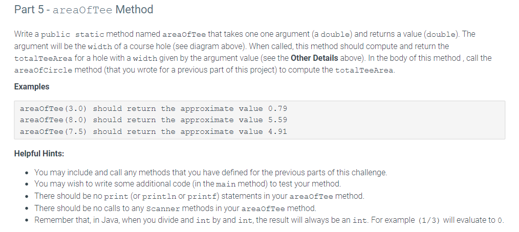 Write a public static method named areaOfTee that