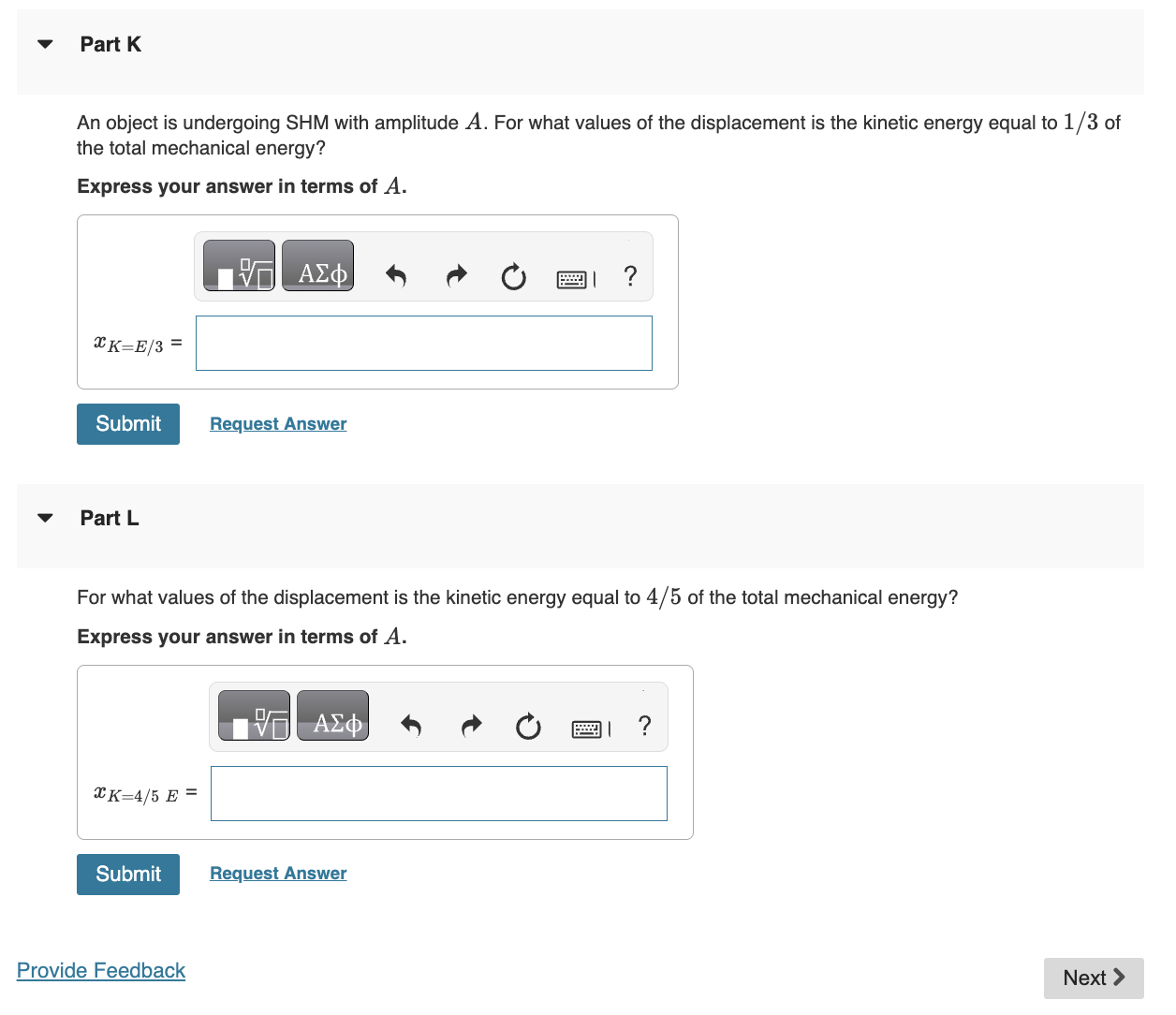 Part K An object is undergoing SHM with amplitude